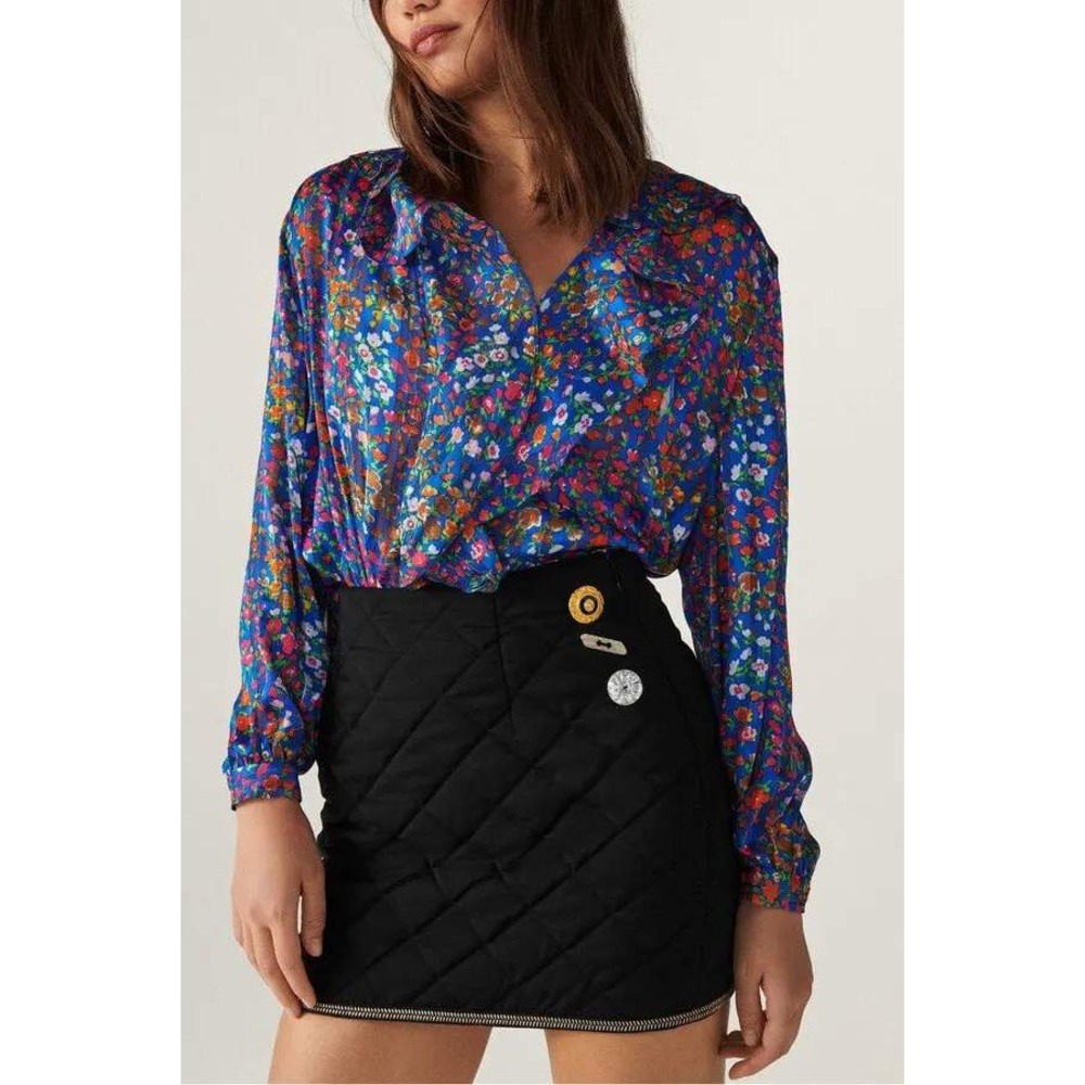 FLAW ba&sh Paris Claude Quilted Mini Skirt Wool Blend Embellished Black Small